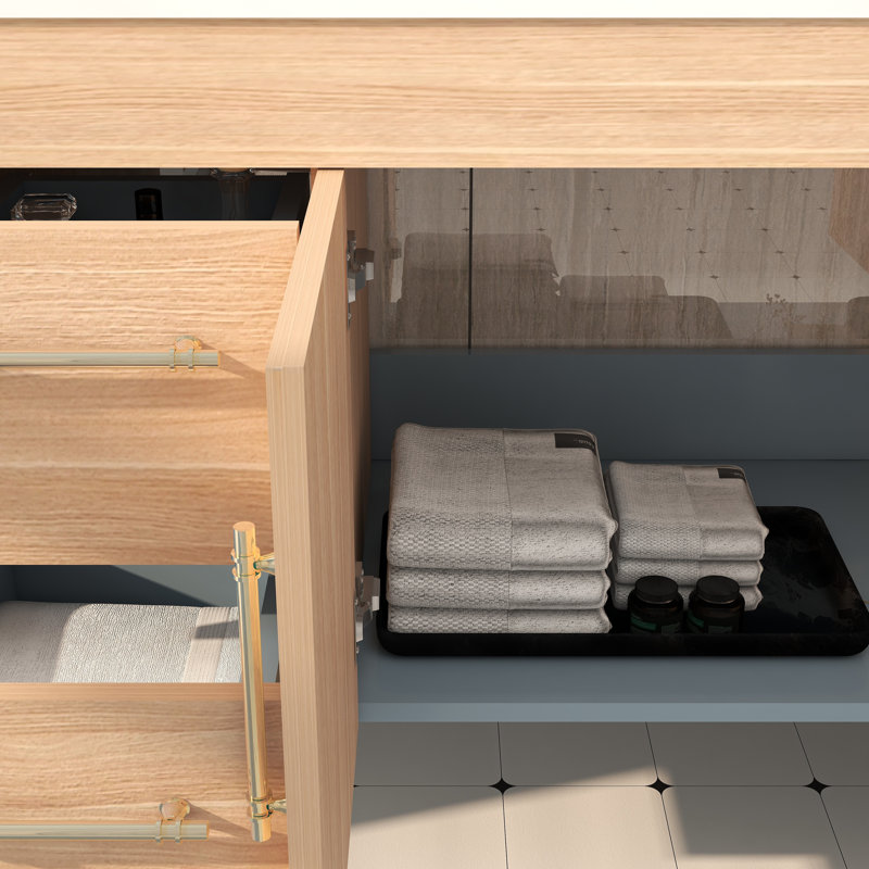 83.4" Wall-Mounted Double Bathroom Vanity Set, Champagne Oak