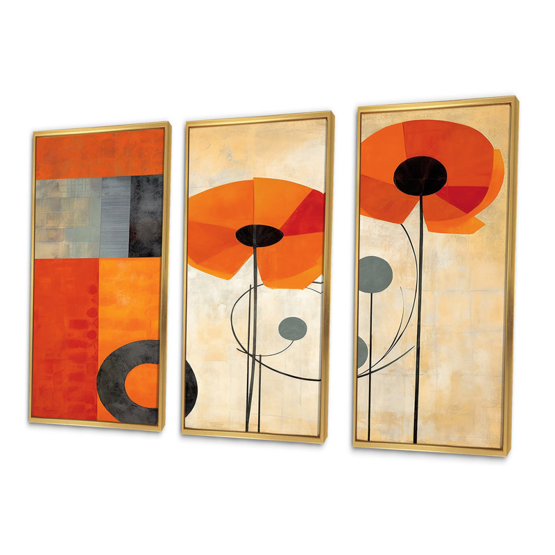 «Bold Orange Cubic Flowers II», ensemble d'art sur toile géométrique, Cadre flottant doré, H 40 po x l 60 po x P 1 po