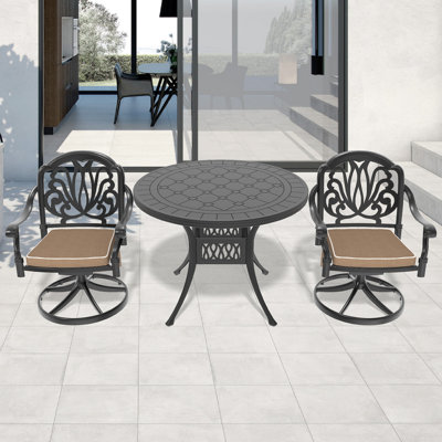 All-Weather Cast Aluminum Dining Set, Include 2 Swivel Chairs And 39.37" Round Table With Black Frame