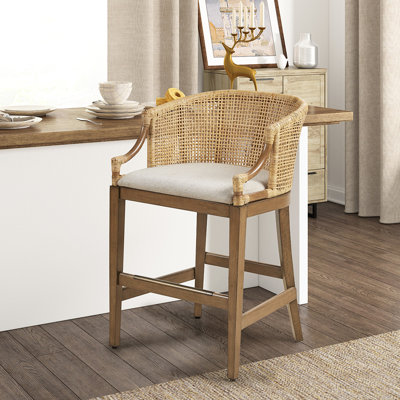 Tabouret de comptoir naturel de 25 po de hauteur avec coussin et pieds stables fabriqués à la main - assise rembourrée de lin, pieds en bois massif, touche bronze antique