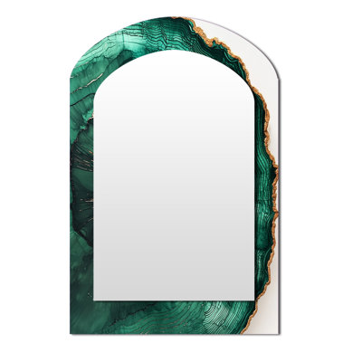 Emerald Leaves Wood Slide I - Stone Geode Asymmetrical Unique Mirror, Gold Arch Large Wall Mirror, Printed Metal Art