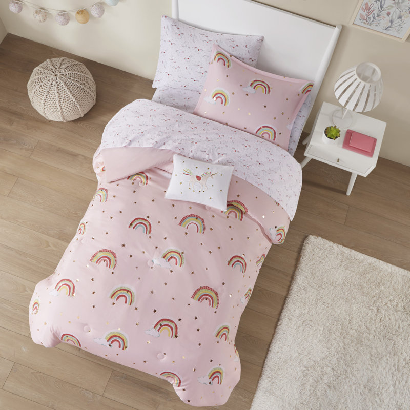 Alicia Rainbow and Metallic Stars Comforter Set with Bed Sheets, Twin Comforter + 5 Additional Pieces, White