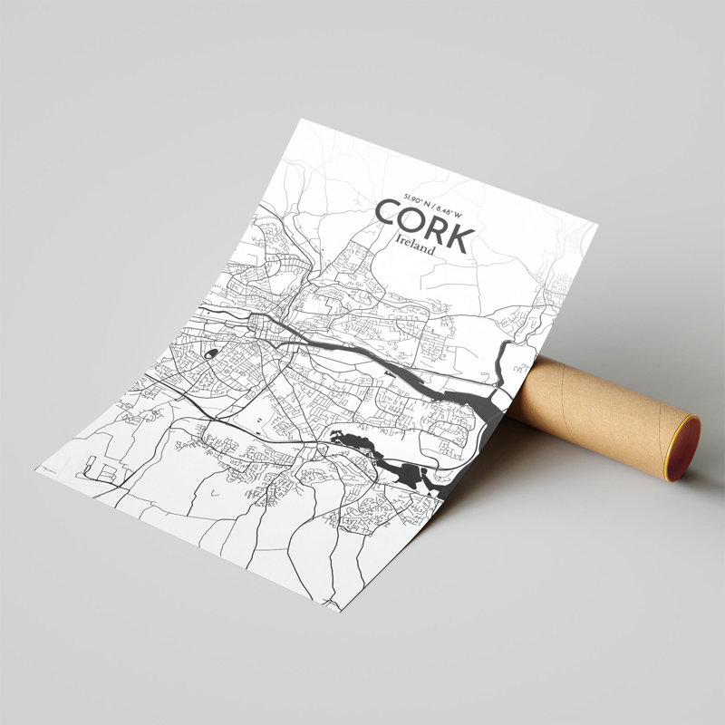 Cork City Map, impression, H 17 po x l 11 po, Noir et blanc
