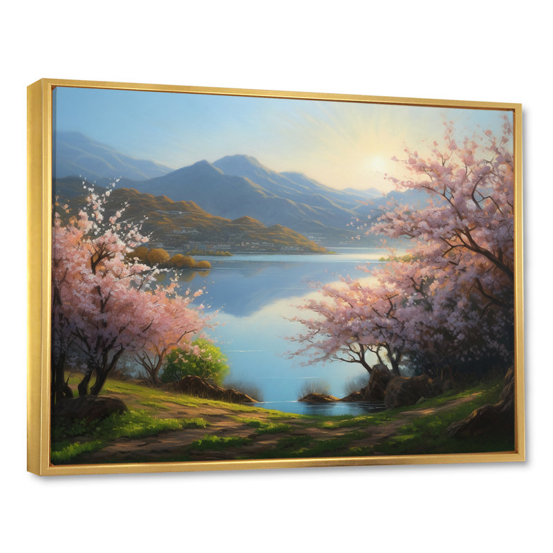 Ramas Cherry Blossom Trees By The Water I sur toile, Cadre flottant doré, H 30 po x l 40 po x P 1,5 po
