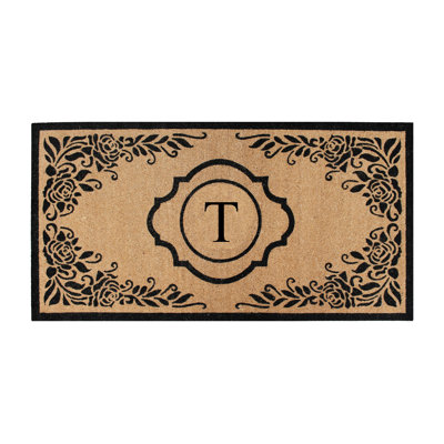 Albertina Monogram Natural Coir Door Mat with Floral Border and PVC Backing — Heavy-Duty, Anti-Shed, Easy-Clean Outdoor Entry Mat (36" x 72")