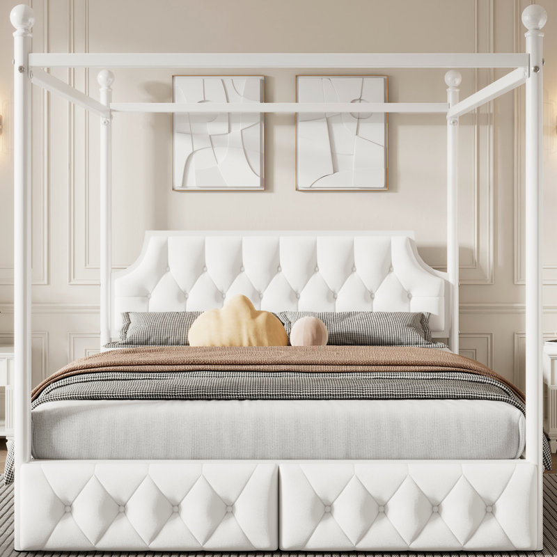 YDT Queen Size Metal Canopy Platform Bed | Upholstered Headboard and Two Storage Drawers, White