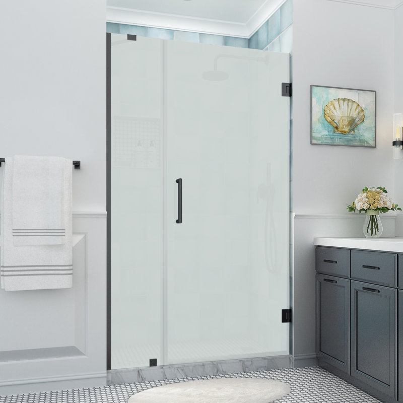 Belmore XL 43.25 - 44.25 in. x 80 in. Frameless Hinged Shower Door with Ultra-Bright Glass, Matte Black, Frosted Glass