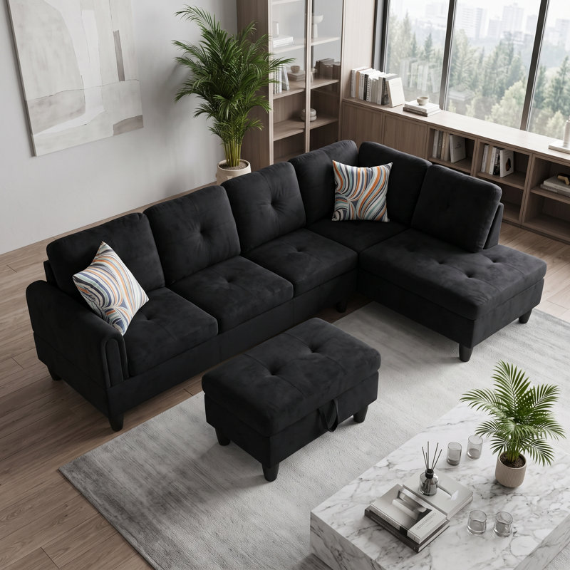 Canapé modulaire rembourré réversible avec repose-pieds, Flanelle noire, Orienté à droite