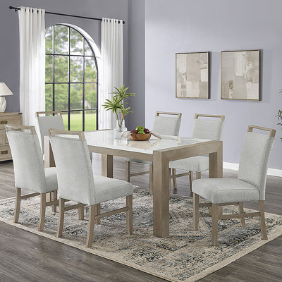 Ensemble de salle à manger 7 pièces rectangulaire avec plateau en faux marbre blanc et pieds en chêne clair pour la salle à manger et la cuisine