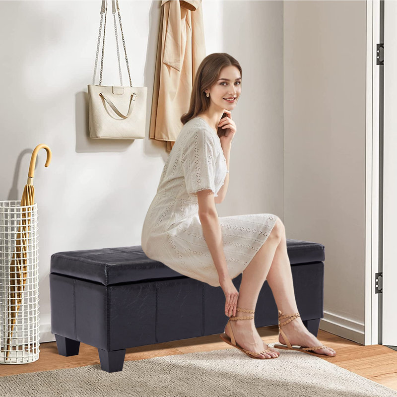 Rectangle Upholstered Storage Bench Ottoman&Stool, Black