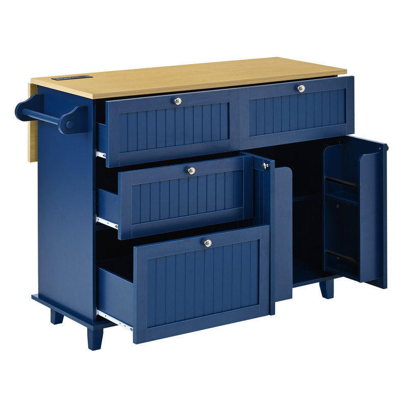 Farmhouse Kitchen Island with Drop Leaf and 2 Seatings, Kitchen Table Set with Storage Cabinet, Drawers, Door Shelves and Power Outlet