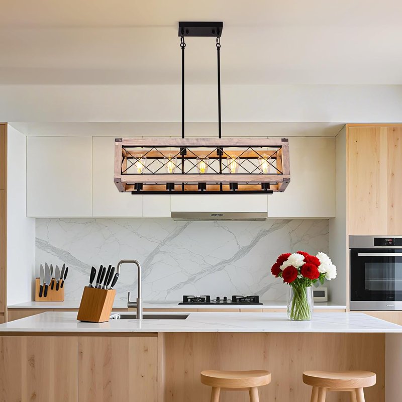 Farmhouse Chandelier Pendant Light, 5-Light Adjustable Height Wooden Black Ceiling Fixture For Kitchen Island, Dining Room, Pool Table, Rustic Modern Lighting