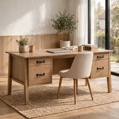 Sonia 64 Inch Computer Desk, 4 Drawers and Dual Pedestal Layout, Brown