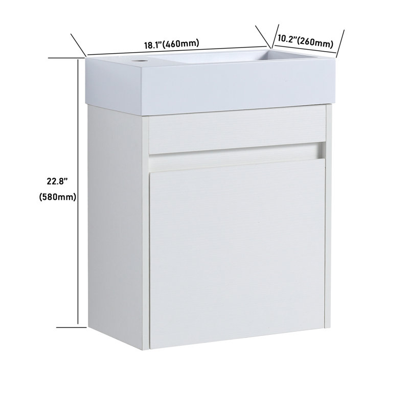 Meuble-lavabo moderne de 18 po - fixé au mur avec une cuve en résine blanche et beaucoup de rangement, un grand compartiment de rangement pour l'évier de porte, une fermeture en douceur