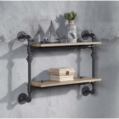 Étagère murale à 2 niveaux, tube en métal, chêne, noir sableux, aspect de conduite d'eau, espace, étagère de décoration de bureau, design, rangement à la maison