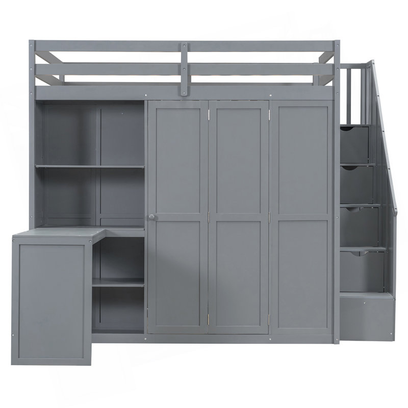 Lit mezzanine double avec garde-robe, bureau et tablettes, gris