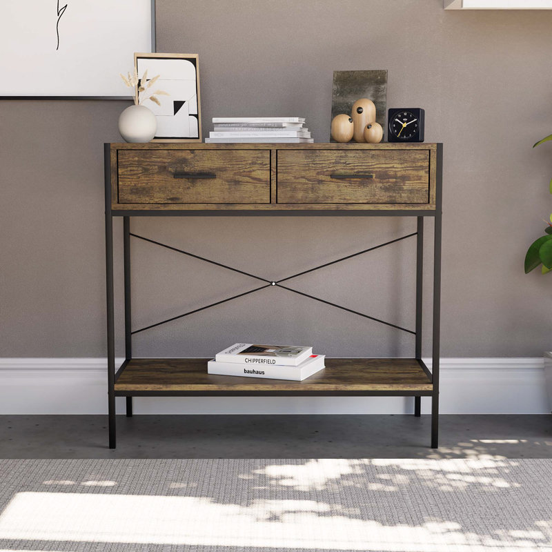 Sylvie 2 Drawer Industrial Style Console Table With Metal Legs for Hallway, Living Room Furniture, Dark Wood