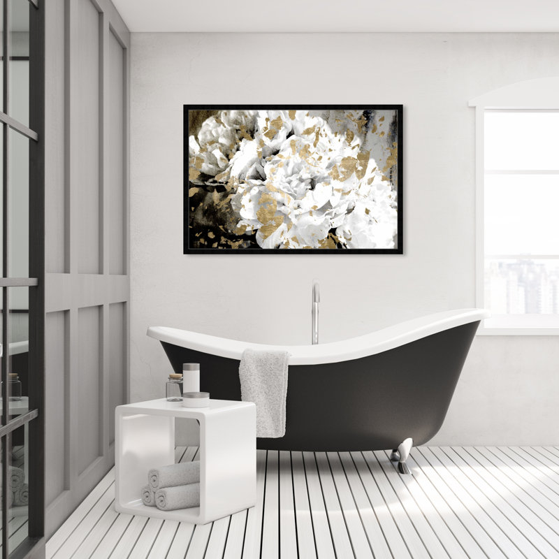 Fleur de gardénia blanche en or - peinture moderne glamour pour le salon, H 32 po x l 47 po, Cadre noir