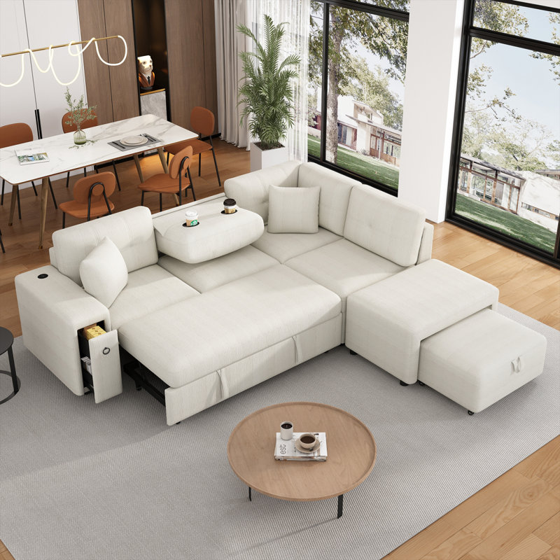 Canapé-lit modulaire en L avec canapé-lit et repose-pieds, Beige