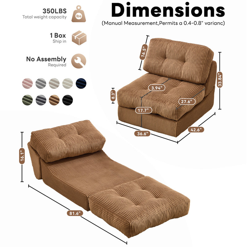  Matelas de futon à compression 8,3 po, canapé-lit pliant, fauteuil d'appoint rembourré en velours côtelé moderne, Brun
