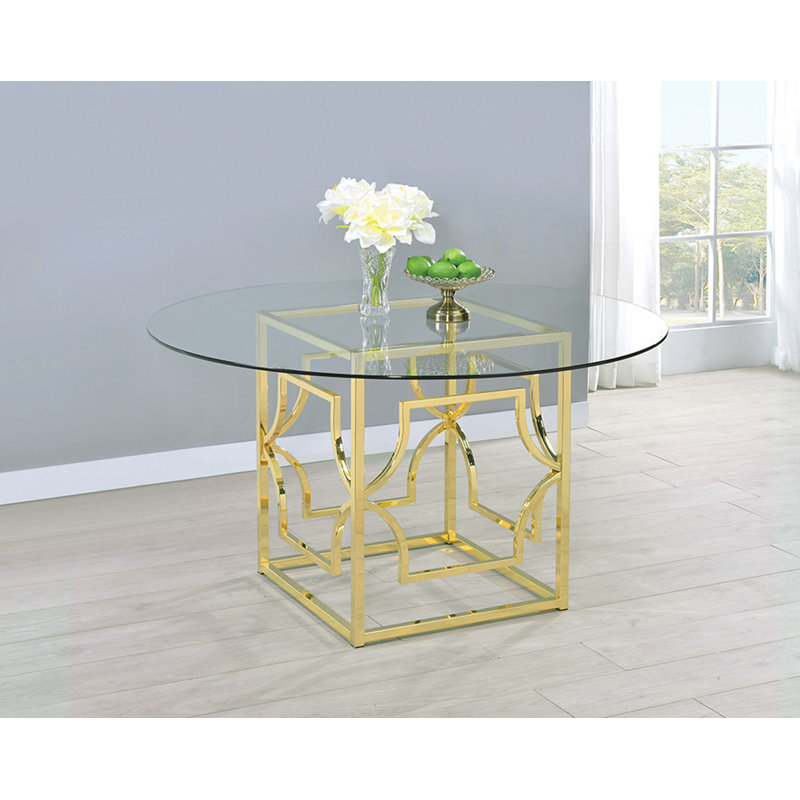 Alecto Round Glass Top Metal Base Dining Table, Gold
