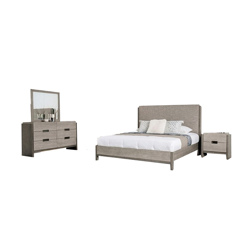 Ensemble de chambre avec grand lit 4 pièces Rizvi, miroir biseauté, commode, bois massif gris