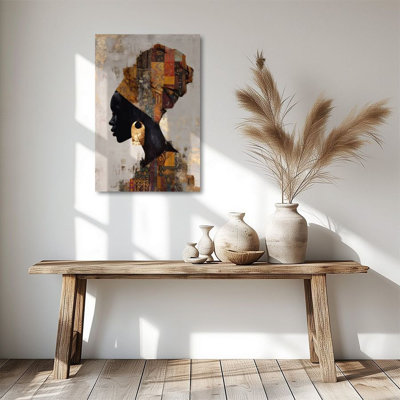 African Women Silhouette in Patchwork Headscarf - Portrait Wall Art Print on Gallery Wrapped Canvas, 36" H x 24" W, Ready to Hang for Living Room