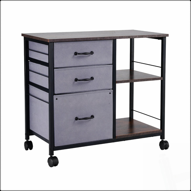 Classeur mobile en métal avec 3 tiroirs en tissu et 2 tablettes ouvertes pour un rangement organisé et un accès facile, Gris