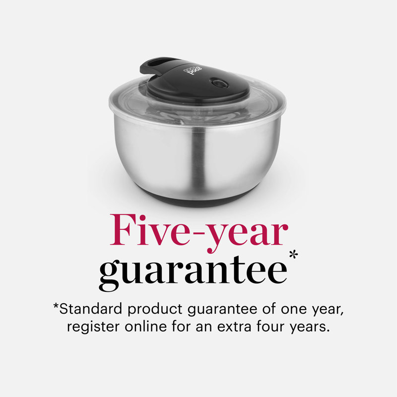 GF847071 Good Food in partnership with Tower Salad Spinner with Removable Basket, Easy Pull Cord, Stop Button and Non-Slip Base, 5 Litre, Stainless Steel