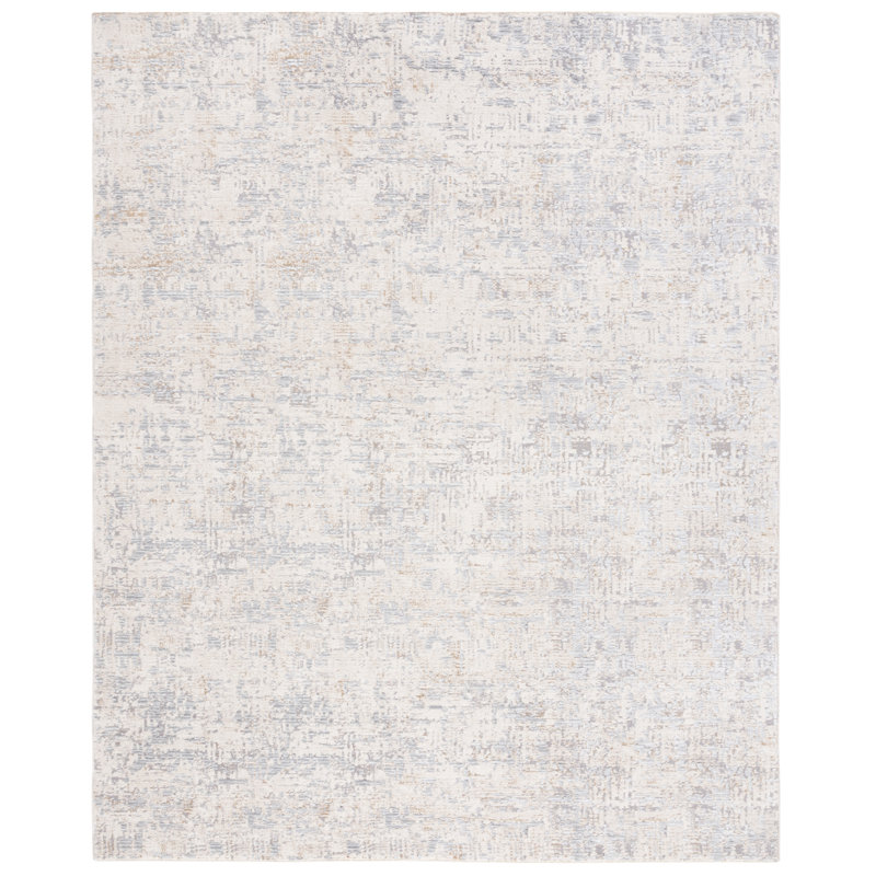 Tapis en polyester / viscose tissé à la machine en ivoire / gris, Rectangle 9 pi x 12 pi
