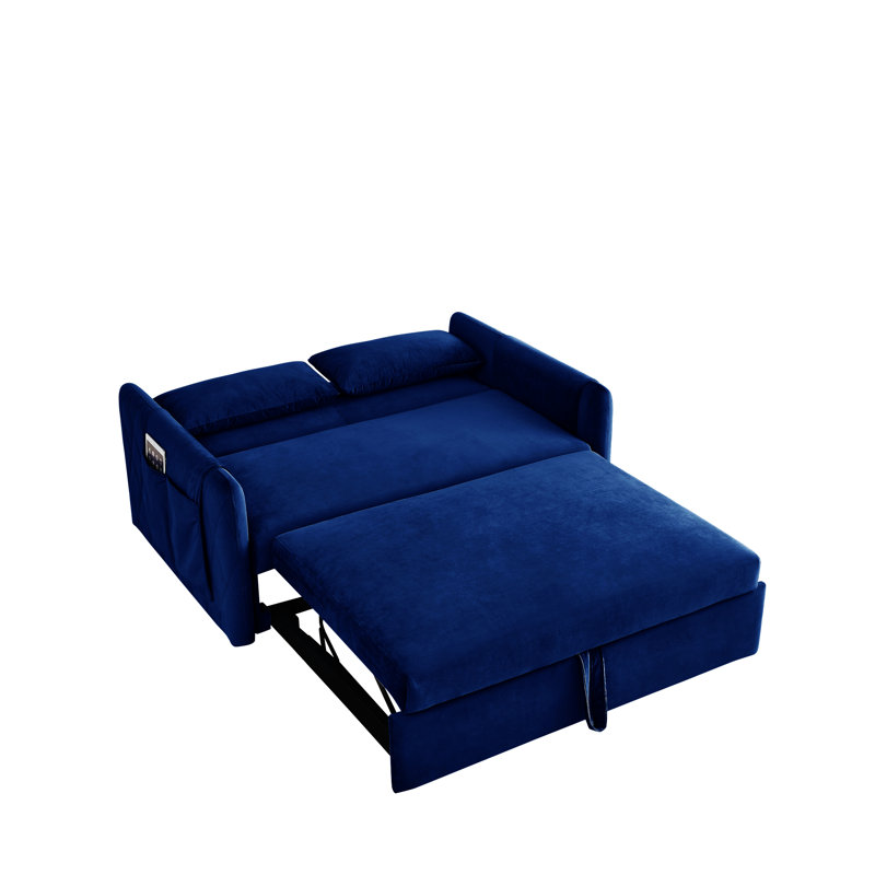 Leiyla Modern 55" Convertible Sofa Bed with Detachable Arm Pockets, Blue Velvet