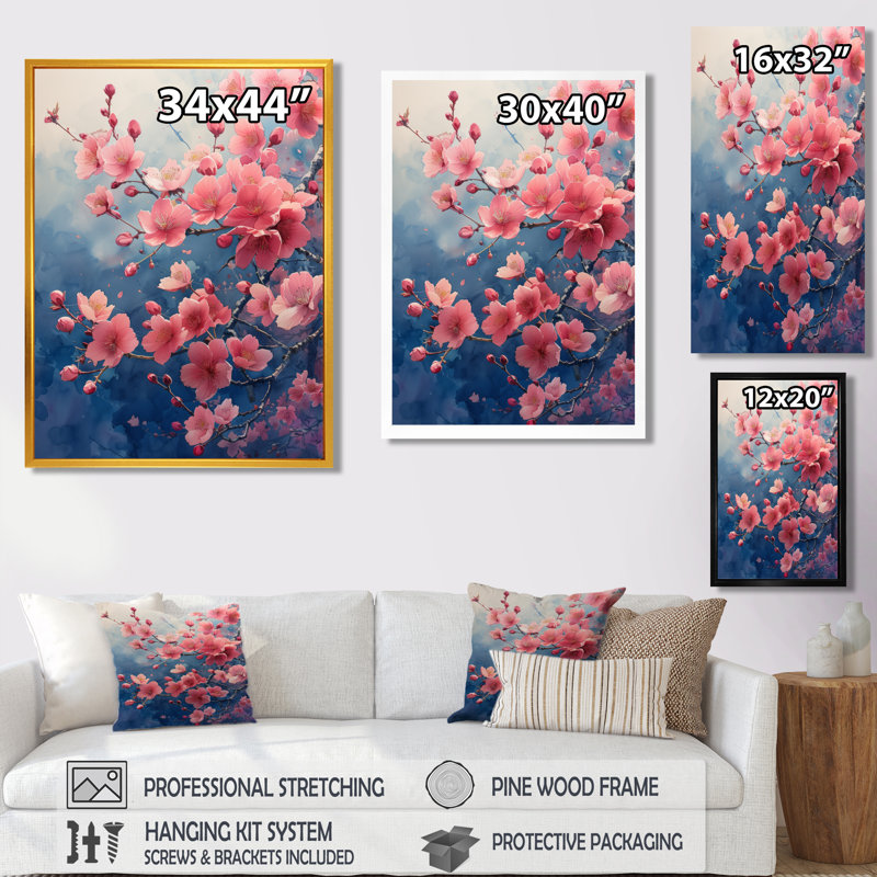  «Pink Grey Cherry Blossom Tree Garden Of Dreams I - Art mural cerisier en fleurs, Toile tendue, H 12 po x l 20 po