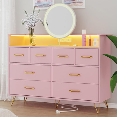 Dresser with Power Outlet and LED Lights, Wood 8 Drawer Dresser for Bedroom, Modern Chest of Drawers with Gold Handles and Open Storage Space for Clos by Wrought Studio