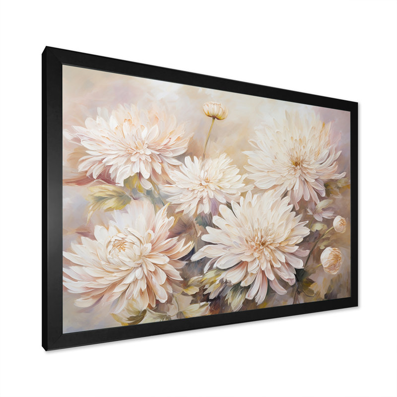 " Beige Chrysanthemums Bloom ", 16" H x 32" W x 1" D, Black Single Picture Framed