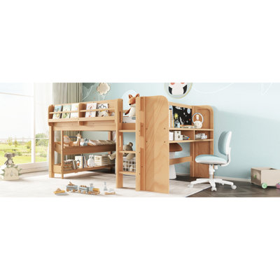 Lit mezzanine double multifonctionnel fabriqué en bois massif, avec rangement, bureau, tableau noir et espace de création, sans sommier à structure en bois, tiroirs à bibliothèque, bureau pour la danse
