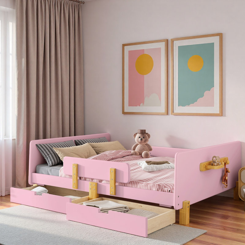 Lit plateforme avec tiroirs de rangement, garde-corps, petite tablette et crochets, Double, Rose