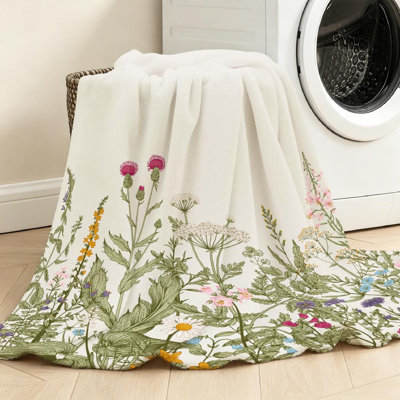 Jeté en flanelle transparente molletonnée ultra douce, bordure florale et imprimé recto