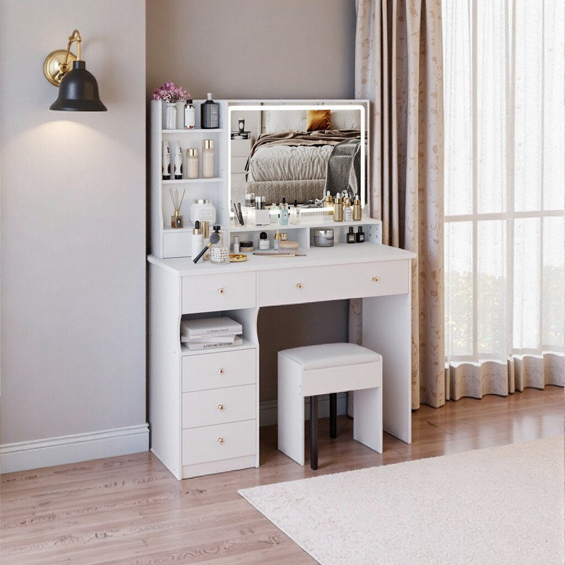 Ensemble de meuble-lavabo 41 po avec miroir à DEL, coiffeuse extra large et tabouret, Blanc