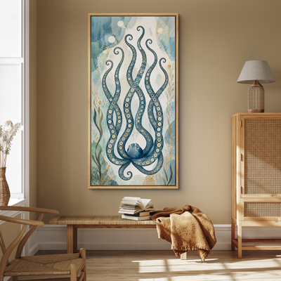 Blue Coastal Octopus Tentacle Sea Life Nautical Wall Decor Artwork - Large Framed Canvas Master Bedroom Wall
