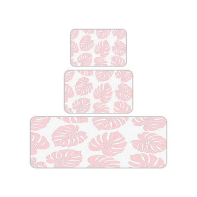 Ensemble de 3 tapis pour cuisine et salle de bain Monstera, rose