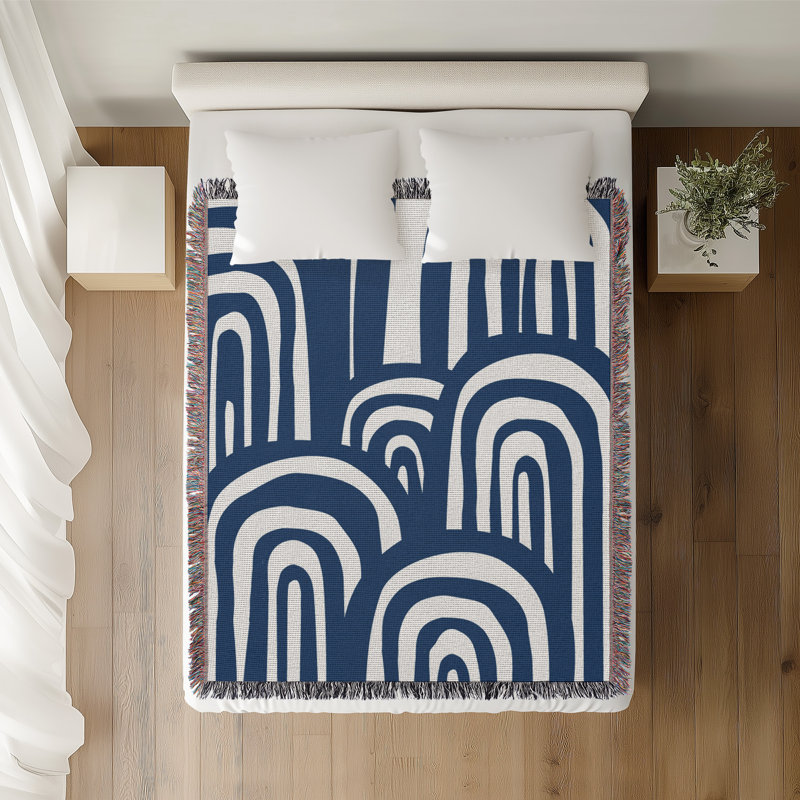 Jeté en coton à imprimé abstrait Lyno, Bleu, 50 x 60