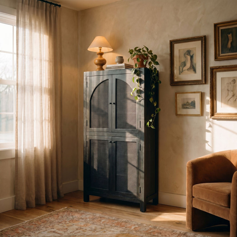 Quinn Mango Wood & Cane Arched Door Curio Cabinet with Storage Shelves
