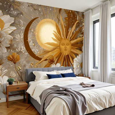 Moon Peel and Stick Wallpaper Sun Moon Celestial Gothic Wildflowers Aesthetic Dark Academia Vibe Wall Murals 100"H x 144"W Removable PVC Wall Paper Self-Adhesive Wall Decor for Bedroom Living Room Home Office