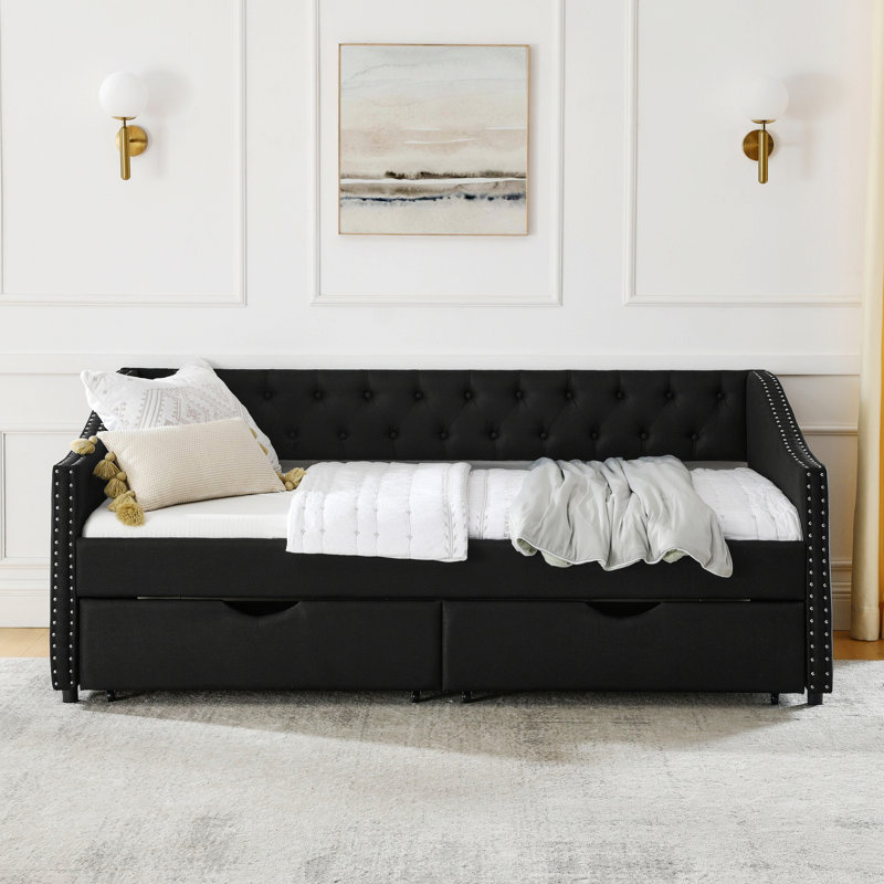 Daybed With Drawers, Upholstered Tufted Bed Frame, Twin, Black