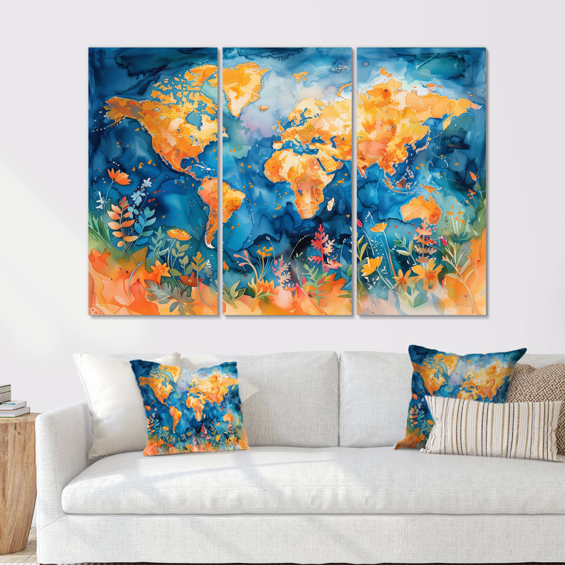 Carte du monde orange et bleu - ensemble de décoration murale carte du monde, Toile tendue, H 40 po x l 60 po x P 1 po
