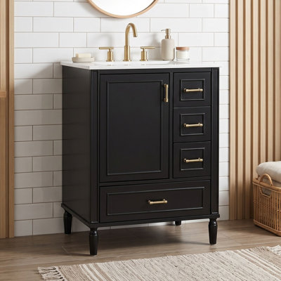 24 Inch Freestanding Bathroom Vanity with Ceramic Sink, 3 Soft-Close Drawers and Door-Mounted Storage Rack