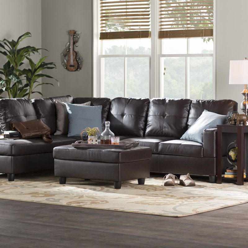 Betson 103.5" Wide Dark Brown Sofa & Chaise with Ottoman  Left Hand Facing L Shaped Sofa, Brown, Left Hand Facing