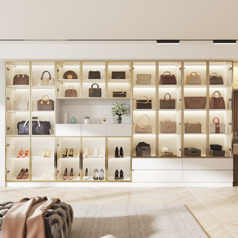Walk-In Closet System With LED Glass Doors, Black Aluminum Frame, Push-Open, White