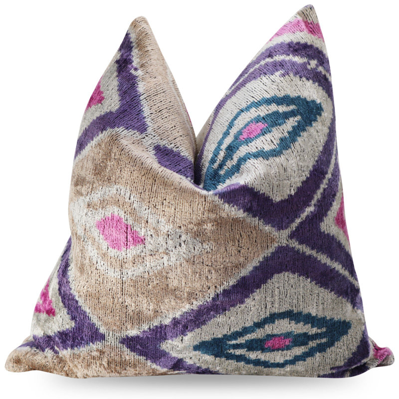 Oreiller en velours à formes géométriques, H 16 po x l 16 po, Rose vif / beige / bleu, Carré