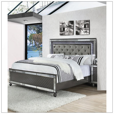 Modern Glam Style Upholstered Headboard Button Tufting Glass Inlay 1Pc King Size Panel  LED Lights Bed Gray Faux Leather Finish Solid Wood Wooden Bedroom Furniture